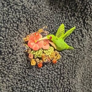 Colorful Hummingbird and Flower Brooch